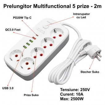 ALX-14E044 PRELUNGITOR MULTIFUNCTIONAL 5 PRIZE - 2M CU 4 X USB 2,1A - PD SI INTRERUPATOR