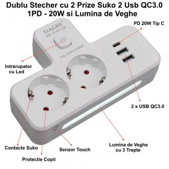 ALX-14F024 DUBLU STECHER MULTIFUNCTIONAL CU 2 X USB QC3.0 - 1PD 20W SI LUMINA DE VEGHE