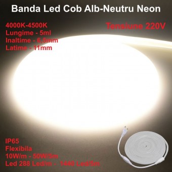 ALX-18A197 BANDA LED COB ALB-NEUTRU 4000K NEON FLEX - 288LED/M - IP65 / 220V - 10W/ML / ROLA 5ML
