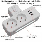 ALX-14F024 DUBLU STECHER MULTIFUNCTIONAL CU 2 X USB QC3.0 - 1PD 20W SI LUMINA DE VEGHE