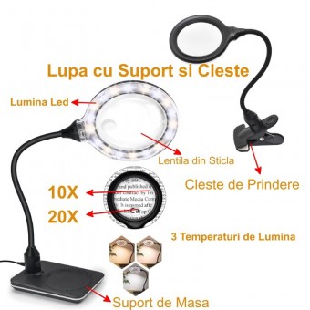 ALX-17C026 LUPA DE MARIT 10X, 20X DIN STICLA, CU SUPORT SI CLESTE, 3 CULORI DE LUMINA, MG-HYZ-110