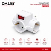 ALX-14F026 TRIPLU STECHER 3 PRIZE COMPACT 16A 250V CU INTRERUPATOR SI PROTECTIE COPII
